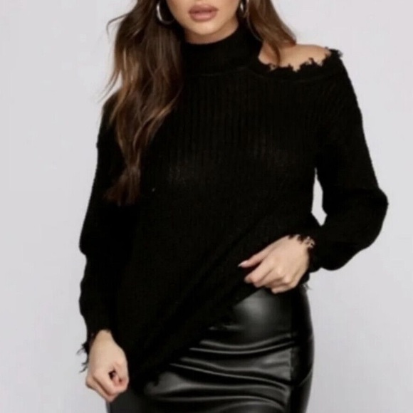 Full Circle Sweaters - Cold Shoulder Distressed Sweater